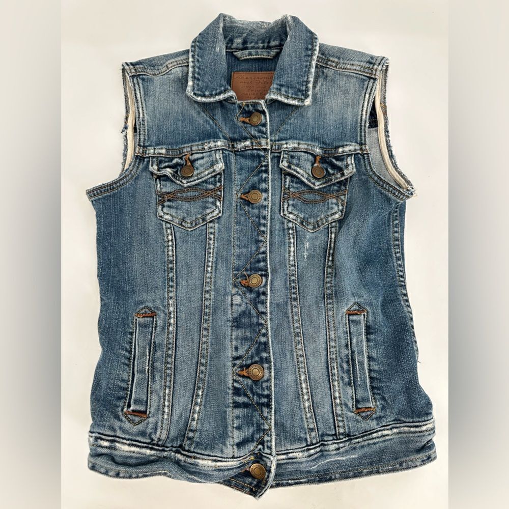 Vtg 90s Abercrombie & Fitch Light Wash Distressed Denim Trucker Vest XS